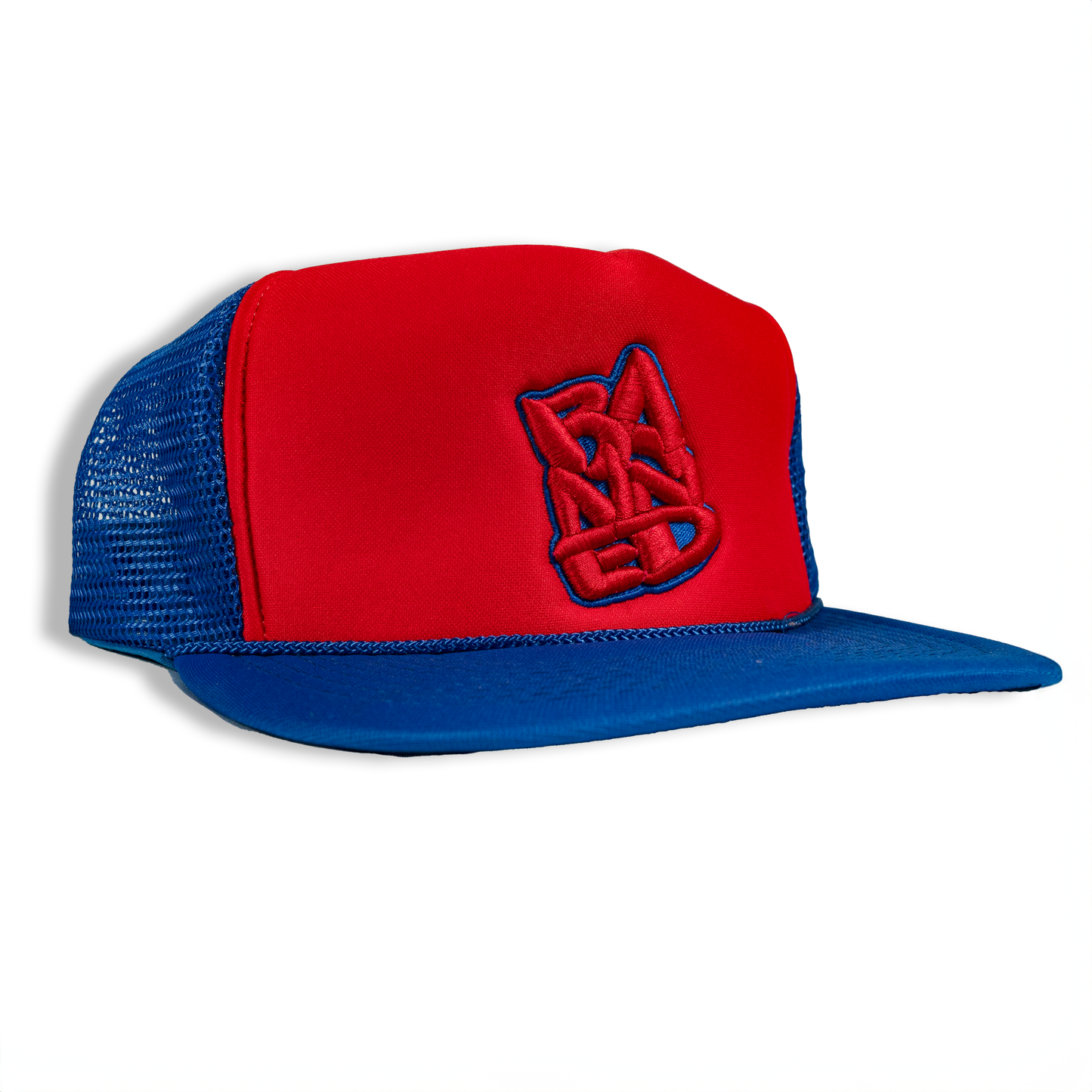 BANNED  Stacked Embroidered Red Blue Mesh Cap