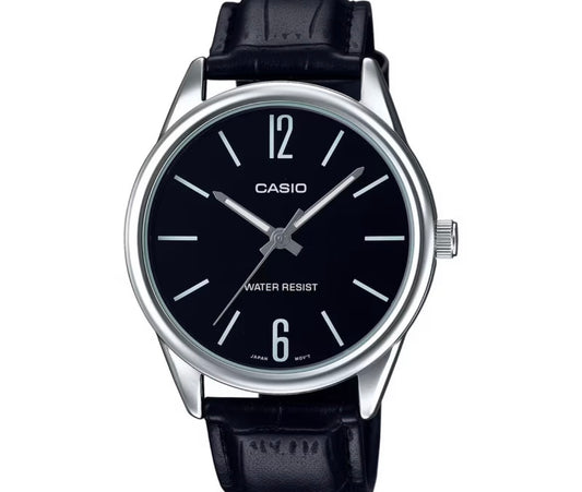 Casio Black Leather Black Dial no date watch