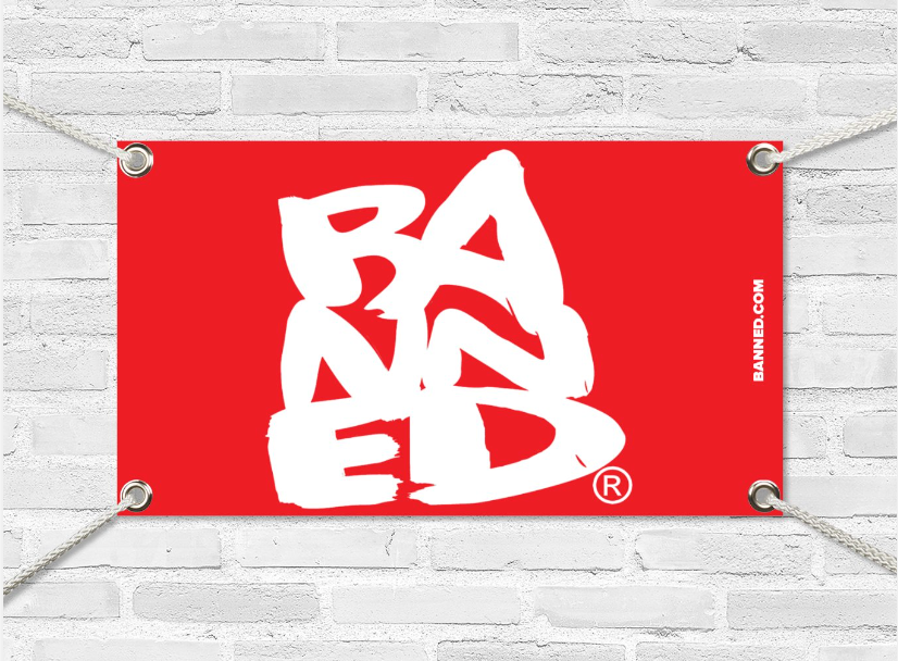 BANNED Red Stacked Medium Banner 20"x35"