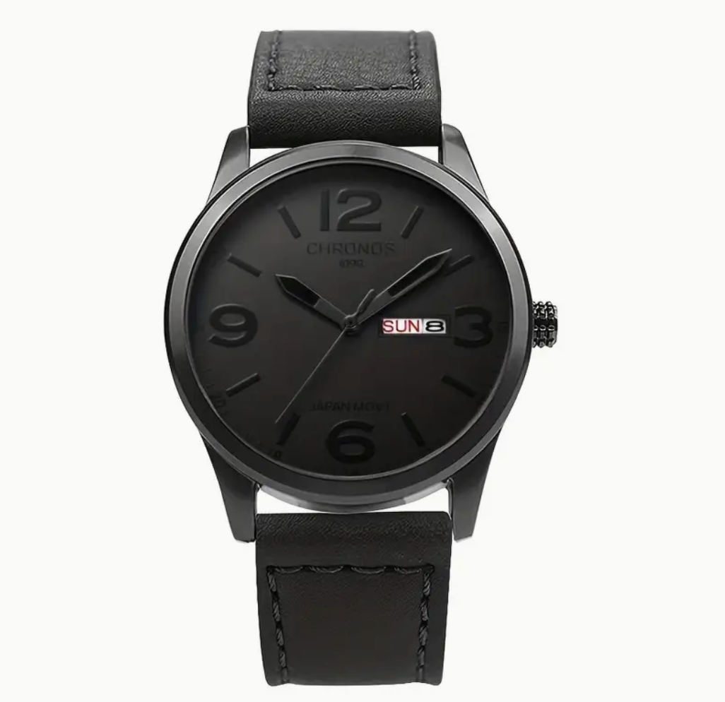 CHRONOS All Black Waterproof Quartz Leather Watch