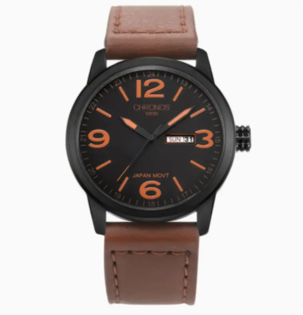 CHRONOS Black/Orange/Tan Waterproof Quartz Leather Watch