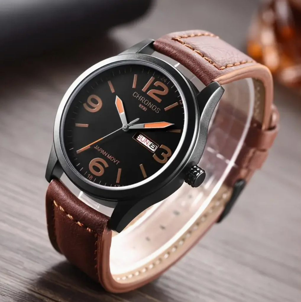 CHRONOS Black/Orange/Tan Waterproof Quartz Leather Watch
